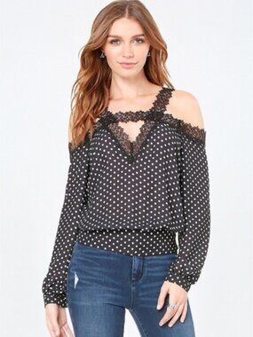 Bebe Polka Dot Print Lace Cold Shoulder Top Size XL